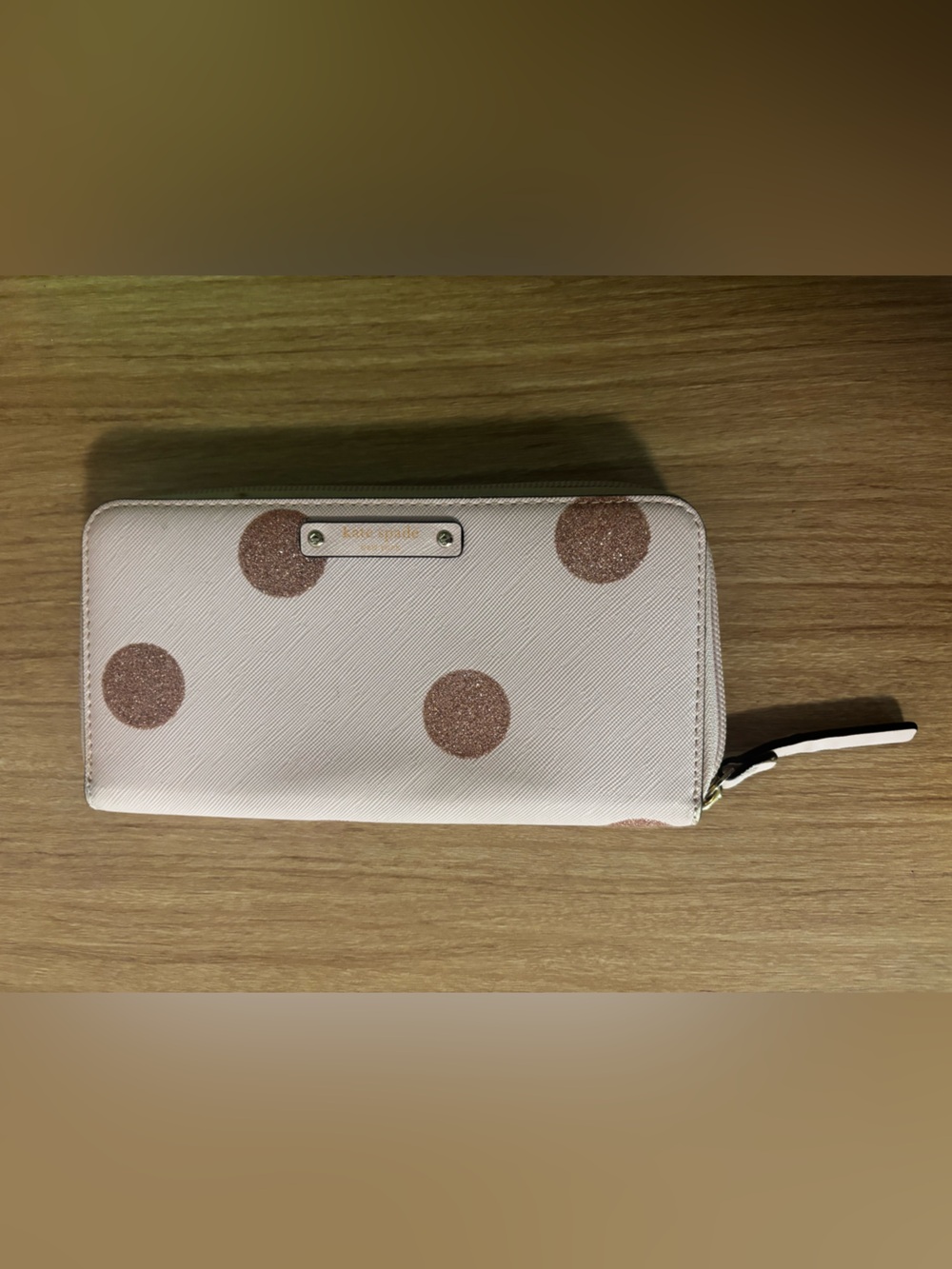 kate spade pink Zip-Around Wallet with Rose Gold Polka Dots